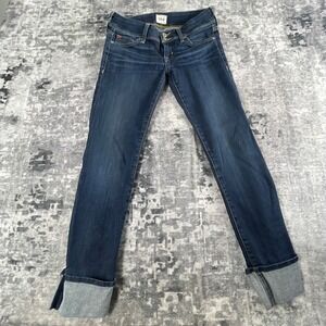 Hudson Womens 25 Ginny Crop Straight Jeans Solid Blue Cuffed Flap Pocket Denim